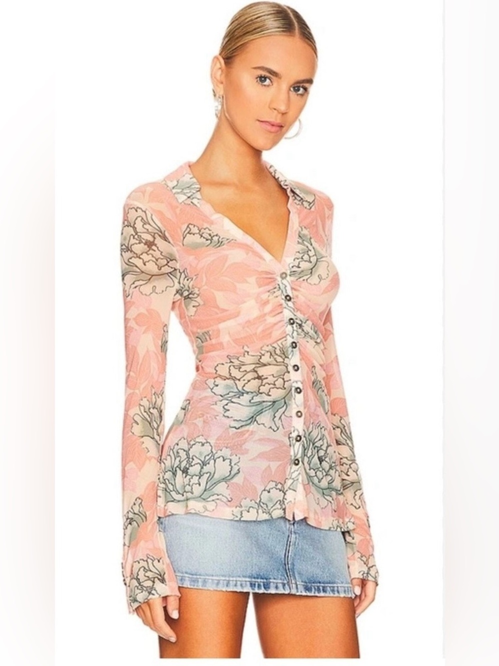 Free People Lucky Shirtee Button-Front Ruched Long Sleeve Blouse Peach Bloom XL